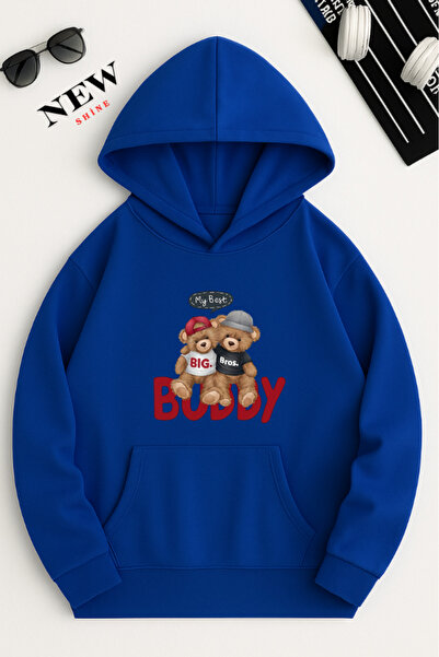 New Shine سويت شيرت بقلنسوة مطبوع عليه دمية دب