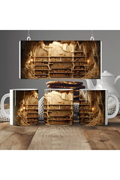 Beramussa 3D Görünümlü Eski Kitaplık Kupa Bardak - Derinlik Etkili Sanatsal Tasarım - Kabartmasız