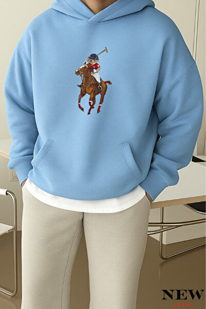 New Shine سويت شيرت بقلنسوة مطبوع عليه دب على حصان