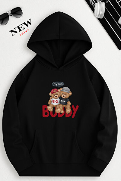 New Shine سويت شيرت بقلنسوة مطبوع عليه دمية دب