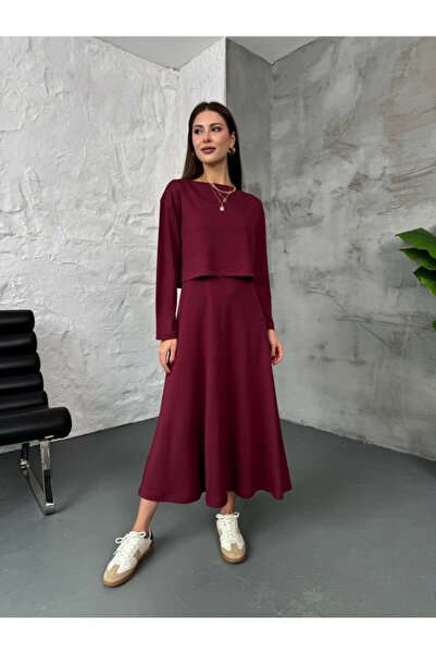 Elif Özbey Butik Bordo Modal Bluzlu İkili Takım Elbise