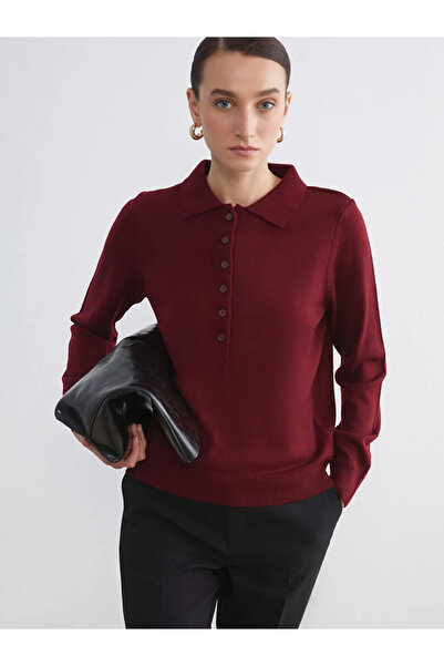 LC Waikiki Pulover tricot LCW Comfort bordó cu guler polo pentru femei