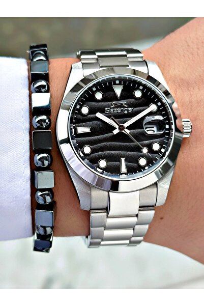 Slazenger Silver-Black Color 10 Atm Water Resistance with Calendar Phosphorescent Steel Case Men's Wristwatch 2491.04Mr