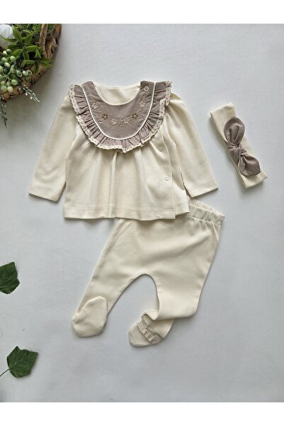 GizaKids 100% Cotton Newborn 3-Piece Set with Headband / Baby Girl Hospital Release / Mevlid Outfit