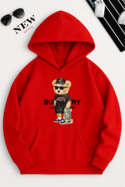 New Shine سويت شيرت بقلنسوة مطبوع عليه دمية دب