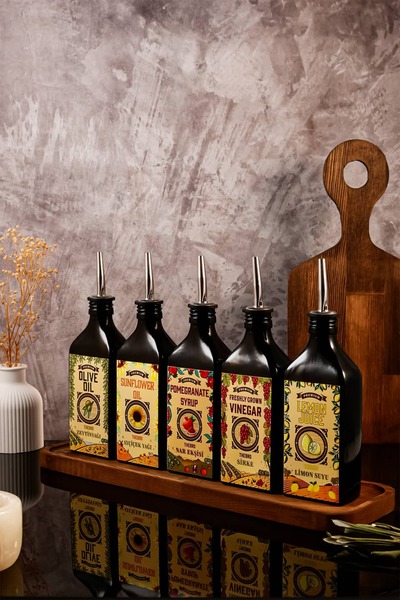 TheBRo 250ml Carmen Series Olive Oil, Sunflower Oil, Vinegar, Pomegranate Syrup, Lemon Juice Set with Wooden Stand
