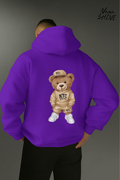 New Shine سويت شيرت بقلنسوة مطبوع عليه دمية دب