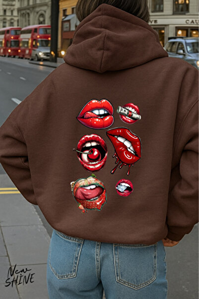 New Shine سويت شيرت بقلنسوة مطبوع عليه الشفاه