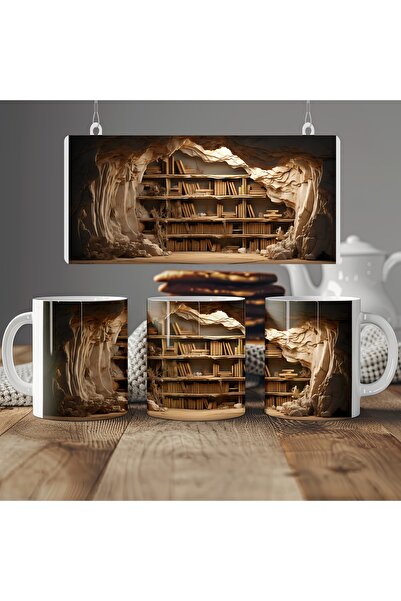 Beramussa 3D Effect Bookshelf and Candle Light Mug - Mystic Library Design - ...