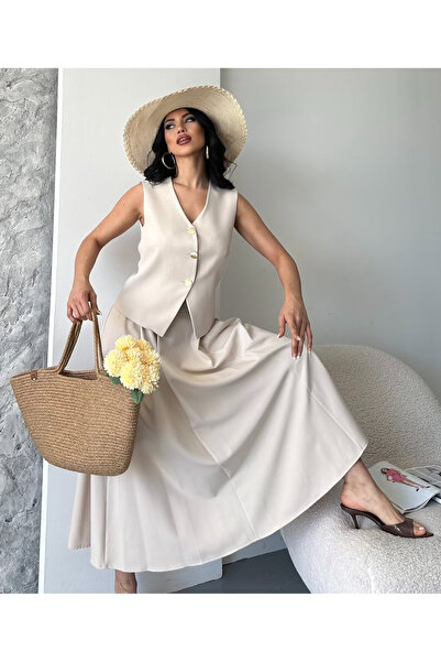 pembekurdelem Women's Vest Pleated Skirt Suit Stone