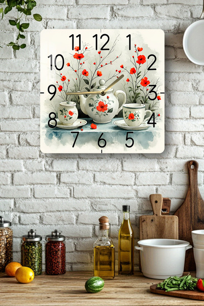 kutuTR Red Floral Tea Set Themed Tempered Glass Square Clock 33X33 cm Size Uv Printing - Kcs077
