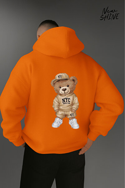 New Shine سويت شيرت بقلنسوة مطبوع عليه دمية دب