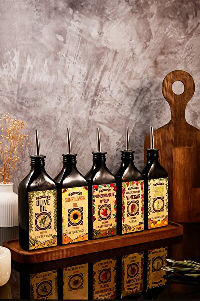 TheBRo 250ml Carmen Series Olive Oil, Sunflower Oil, Vinegar, Pomegranate Syrup, Lemon Juice Set with Wooden Stand