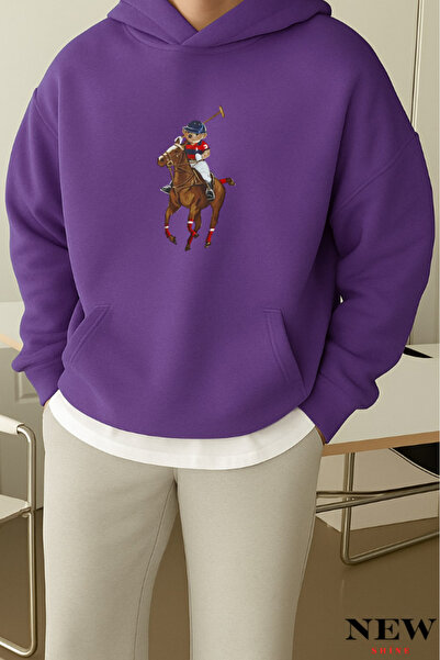 New Shine سويت شيرت بقلنسوة مطبوع عليه دب على حصان