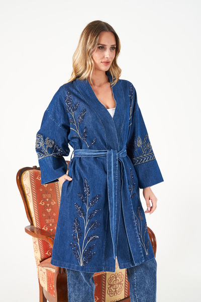 MİA NOURA Women's Front and Sleeves Embroidered Denim Kimono