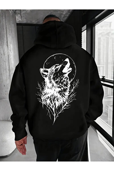 AEMİ Hanorac oversize unisex cu glugă, 100% bumbac, cu imprimeu Moon and Wolf