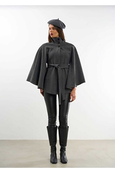 Zeynep Öykü Style Women's Anthracite Stand Collar Belt Detailed Design Cashmere Poncho