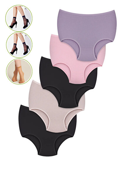 BEGATEKS Chiloți pentru femei cu talie înaltă, pachet de 5 - țesătură din bumbac și 3 perechi de șosete din Lycra