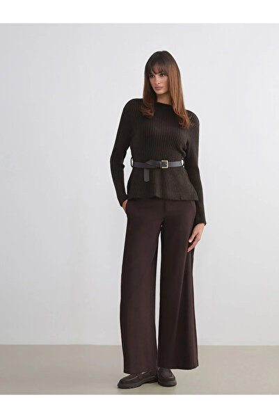 LC Waikiki Pulover tricotat pentru femei LCW Vision Brown guler ridicat cu centură