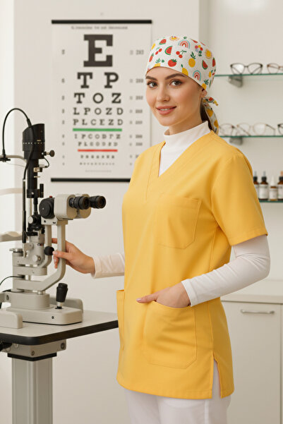 mirach 3-Piece Nurse Set Yellow Scrubs Orchard Surgical Cap White Stand-Up Collar Neck Collar Sleeveless Fisherman