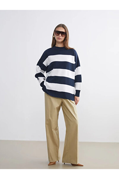 LC Waikiki Γυναικείο πλεκτό πουλόβερ LCW Modest Blue Crew Neck ριγέ oversized