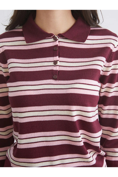 LC Waikiki Pulover tricotat pentru femei LCW Vision Burgundy cu guler polo cu dungi