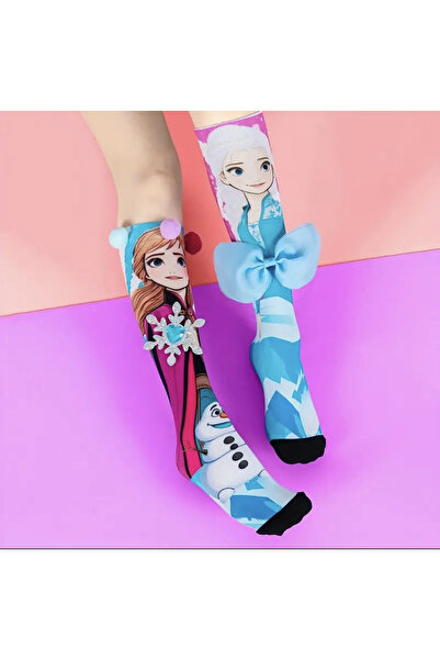 Didosh Party House Frozen Desenli Diz Altı Çorap – Elsa Anna Karlar Ülkesi Çorap – Çocuk Kız Renkli Fun Çorap – Sevimli