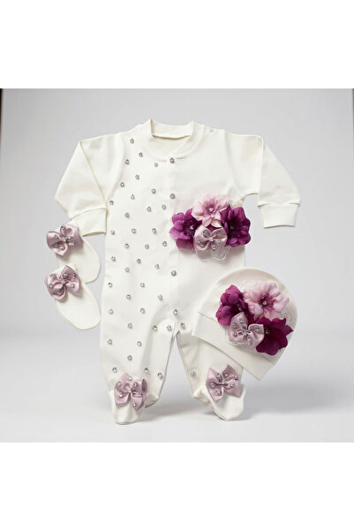 Şeker Tadında Tasarımlar Newborn Baby Girl Romper Set with Stones and Flowers