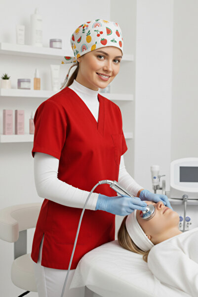 mirach 3-Piece Beautician Set Red Scrubs Fruit Surgical Cap White Stand-Up Collar Neck Collar Sleeveless Fisherman