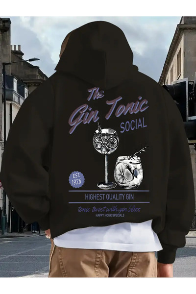 AEMİ Hanorac oversize unisex cu glugă, imprimat Gin Tonic, 100% bumbac