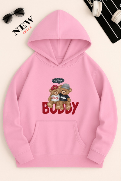 New Shine سويت شيرت بقلنسوة مطبوع عليه دمية دب