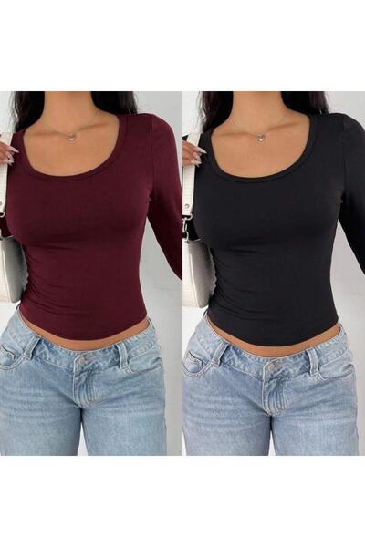 ÖZ PAMUK 2 БРОЯ Квадратна яка Основна гладка материя Дълъг ръкав Еластична блуза