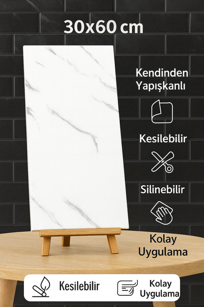 UKAB Dekoratif Lüks Kendinden Yapışkanlı Esnek Köpük Beyaz-Pvc Mermer Panel 30x60 Cm Banyo Wc Mutfak p016