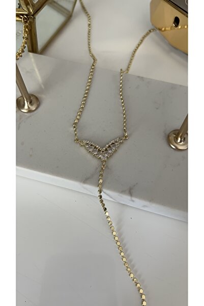 SU PERİSİ TAKI BİJUTERİ ÇELİK GOLD DAMLA ZİRKON TAŞLI V DETAYLI EZME ZİNCİR Y KOLYE