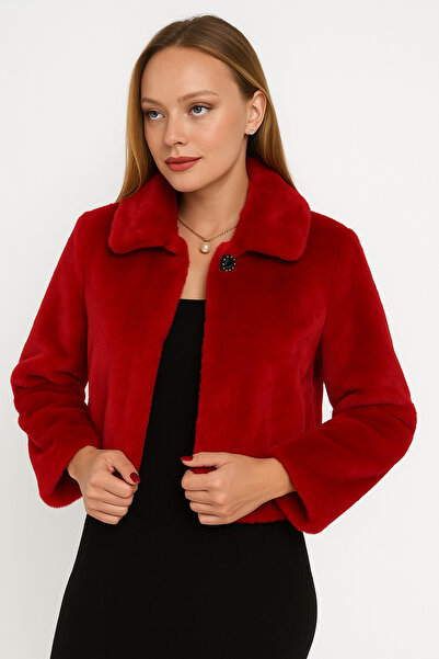 MEMETTİ Women's Red Brooched Etol Thai Feather Fur Bolero Jacket