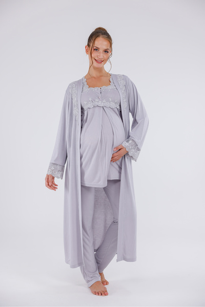 Yulem Homewear Gray Special Lace Design Cotton Long Sleeve Maternity Pajamas Set and Nightgown 4-Piece Set