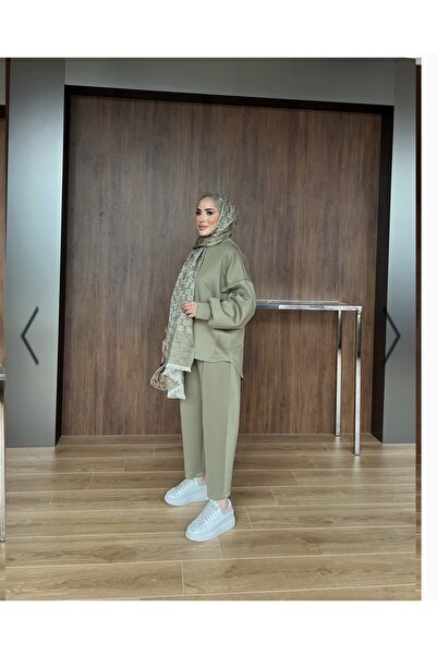 İMONER Women's Scuba Balloon Sleeve Detailed Top and Bottom Set Khaki