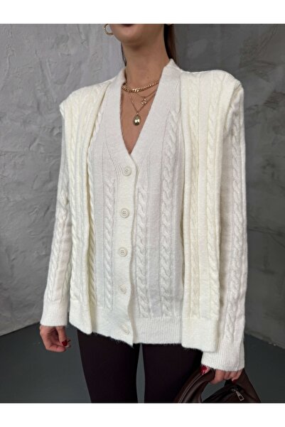 Elif Özbey Butik White Massi Model Shawl Detailed Knitted Cardigan
