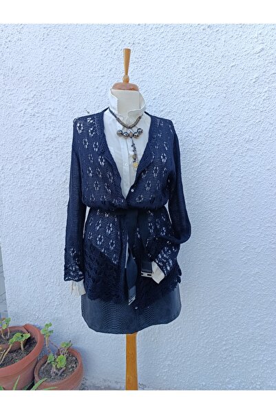 Hippybutik Siyah Saten Görünümlü Cotton İpten El Örgüsü Ajurlu Smart Casual H...