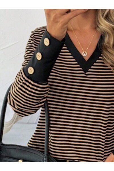 babatr.com بلوزة نسائية من توريغا ستايل بأكمام طويلة وياقة على شكل حرف V وطبا...