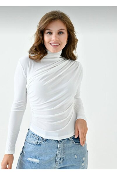 TRENDLİA White Asymmetric Collar Waist and Neck Pleated Stretchy Fabric Long ...