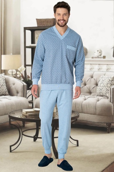 BLACKMORE Men's Blue Patterned Winter Cotton Long Sleeve Plus Size (Oversized) Men's Pajama Set