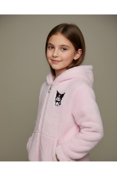 Star Pop Kuromi Nakışlı Pembe Pelüş Kapüşonlu Kız Çocuk Hırka