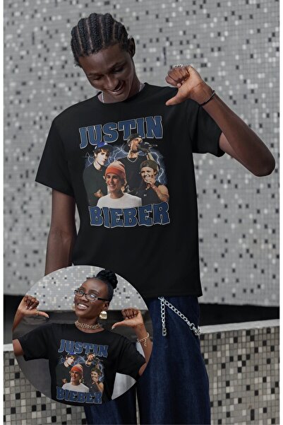 Fuddy Moda تي شيرت مطبوع عليه صورة جاستن بيبر للجنسين، تي شيرت كبير الحجم بتص...