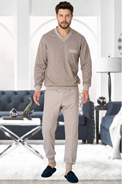 BLACKMORE Men's Brown Patterned Winter Cotton Long Sleeve Plus Size (Oversized) Men's Pajama Set