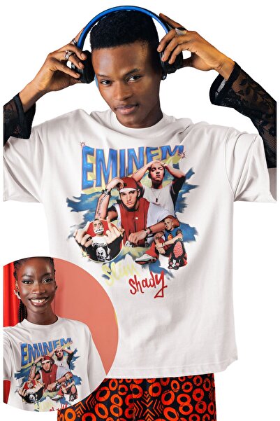 Fuddy Moda تي شيرت مطبوع عليه صورة إمينيم للجنسين، تي شيرت كبير الحجم ذو طابع موسيقى الراب ذو رقبة دائرية