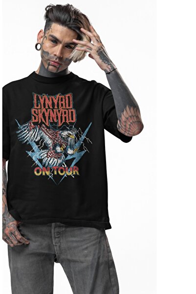 Fuddy Moda تي شيرت مطبوع للجنسين من On Tour Lynyrd Skynyrd، تي شيرت كبير الحجم ذو طابع فرقة الروك برقبة دائرية