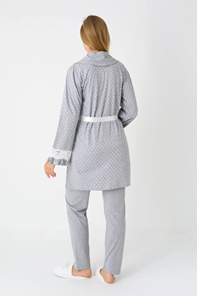 BLACKMORE Women's Gray Shawl Collar Lace Polka Dot Patterned Winter Full Length Dressing Gown Pajamas 3-Piece Set