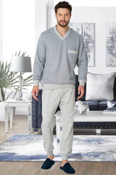 BLACKMORE Men's Gray Patterned Winter Cotton Long Sleeve Plus Size (Oversized) Men's Pajama Set