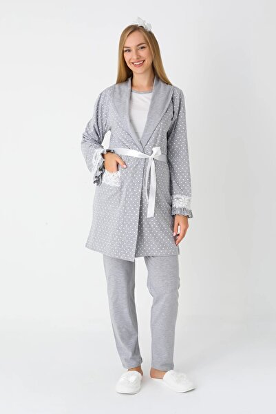 BLACKMORE Women's Gray Shawl Collar Lace Polka Dot Patterned Winter Full Length Dressing Gown Pajamas 3-Piece Set